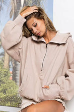 Bi bi stitch detailed elastic hem half zip fleece hoodie in beige with cozy oversized fit and ribbed cuffs