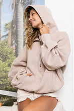 Bi bi stitch detailed elastic hem half zip fleece hoodie in beige with front zipper and ribbed cuffs paired with chain necklace