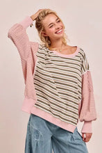 A soft oversized bibi stripe mixed top with cut edge and reverse outseam in pink and beige patchwork design