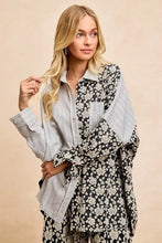 BiBi stripes jacquard floral mix and match shirt top with long sleeves, vertical gray stripes and black floral jacquard fabric