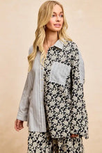 BiBi stripes jacquard floral mix and match shirt top with black and white floral pattern and light gray striped panel details