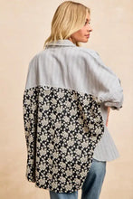 Bi bi stripes jacquard floral mix and match oversized shirt top with light gray striped and black floral jacquard design