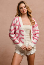 BiBi textured heart buttoned V neck cardigan in off-white with pink C patterns
