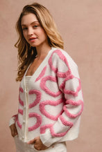 BiBi textured heart buttoned V neck cardigan, cozy white with pink hearts