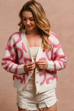 BiBi Textured Heart Buttoned V Neck Cardigan cozy white pink knit