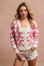 BiBi textured heart buttoned V-neck cardigan with pink waves