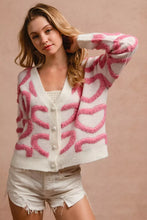 BiBi textured heart buttoned V neck cardigan, cozy white pink knit