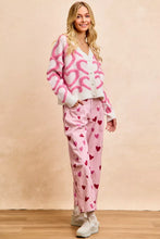 BiBi textured heart buttoned V neck cardigan in pink knit