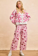BiBi textured heart buttoned V neck cardigan, pink knit with white accents