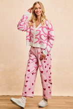 BiBi textured heart buttoned V neck cardigan in pink heart pattern