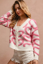 BiBi textured heart buttoned V neck cardigan, white knit with pink hearts