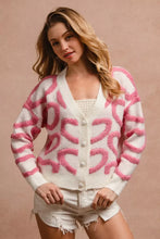BiBi textured heart buttoned V neck cardigan with pink geometric fluffy pattern