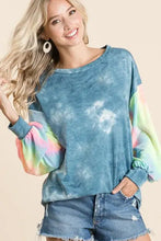 Bi bi tie dye french terry top with blue tie dye body and rainbow-colored sleeves with elastic cuffs