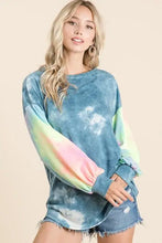 Blue and pastel rainbow tie dye french terry long sleeve sweatshirt with frayed hem from bi bi collection