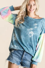 Bi bi tie dye french terry top featuring a soft oversized fit with blue pink and green gradient tie dye hues