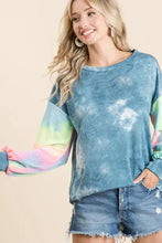 Bi bi tie dye french terry top with relaxed fit in blue green and pink soft tie dye fabric