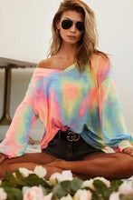 BiBi tie dye french terry off-the-shoulder long sleeve top with vibrant colors and loose flowing fit for music festivals