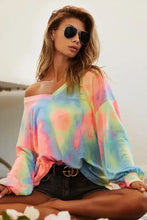 BiBi tie dye french terry off-the-shoulder long-sleeve top in pastel pink blue and yellow with a slightly oversized fit