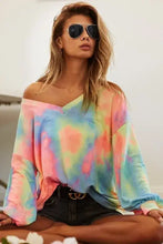 BiBi tie dye french terry v neck top with pastel pink blue and green off-the-shoulder long sleeves for music festivals