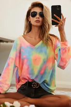 Bi bi tie dye french terry v neck top in pastel pink blue and green with a slightly oversized fit and long sleeves