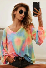 BiBi tie dye french terry v neck top in pastel pink blue and green with a slightly oversized fit and long sleeves