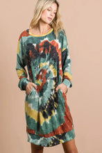 BiBi tie dye print knit dress in green, orange, yellow tones