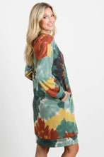 BiBi tie dye print knit dress in teal, mustard, rust tones with pocket