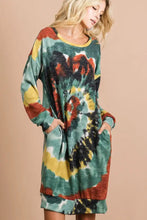 BiBi tie dye print knit dress in cozy green, orange, yellow tones