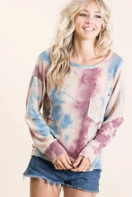 BiBi tie dye print terry top in pastel pink and blue with a slightly stretchy fabric and front patch pocket