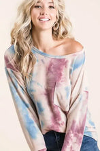 Pastel tie-dye bibi tie dye slightly stretchy off-the-shoulder long-sleeve top with a front patch pocket in terry fabric