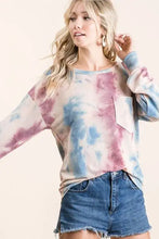 BiBi tie dye slightly stretchy terry top in pastel pink and blue with a relaxed fit and front patch pocket