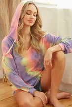 BiBi tie dye terry hoodie with twill tape drawstring in pastel pink purple and yellow rayon terry fabric with matching hood