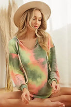 Bi bi tie dye terry hoodie in vibrant green and pink with v neck and twill tape drawstring in soft terry fabric
