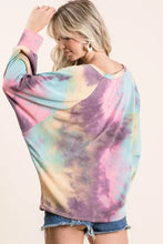 Pastel tie dye terry fabric bibi tie dye top with dolman sleeves and relaxed fit long sleeves