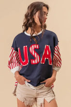 BiBi USA Letter Patchwork Contrast Short Sleeve T-Shirt in Navy Blue