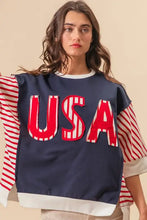 Woman in BiBi USA letter patchwork contrast short sleeve t-shirt