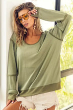 BiBi waffle knit contrast trim long sleeve olive green top with white shorts