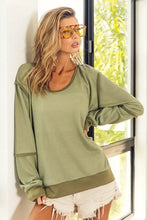 BiBi waffle knit contrast trim long sleeve olive green top