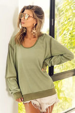 Olive green BiBi waffle knit contrast trim long sleeve T-shirt with exposed seams