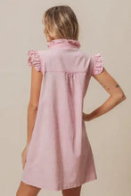 A soft pink denim dress with ruffled cap sleeves and a relaxed fit from the bi bi washed button collection