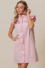 A soft pink bibi washed button denim dress with sleeveless design and ruffled cap shoulder details