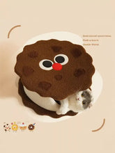 Biscuit style pet nest: brown plush cookie cat bed with white eyes, red nose