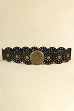 Brown zinc alloy PU disc belt with ornate brass buckle and studs