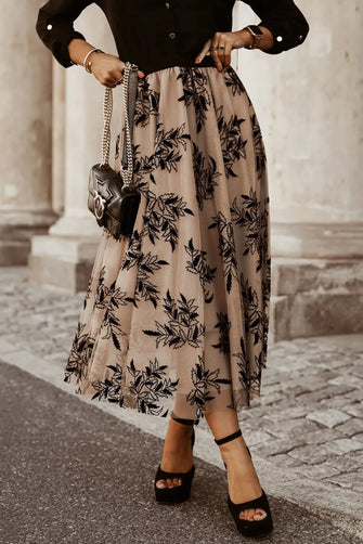 Beige Floral Maxi Skirt Machine Wash Cold Polyamide Tulle Khaki