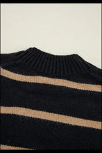 Black and beige striped button-front turtleneck cardigan sweater