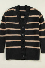 Black and beige striped button-front cardigan sweater