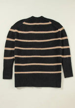 Black and beige striped mock neck button front cardigan sweater