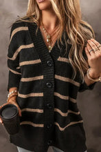 Black and beige striped button-front cardigan sweater