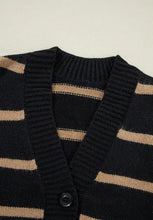 Black and beige striped button-front cardigan sweater with ribbed texture