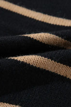 Black and beige striped button front cardigan sweater with ribbed cuffs and hem